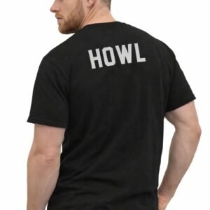 Wolf Howl mark on chest, HOWL on back tee